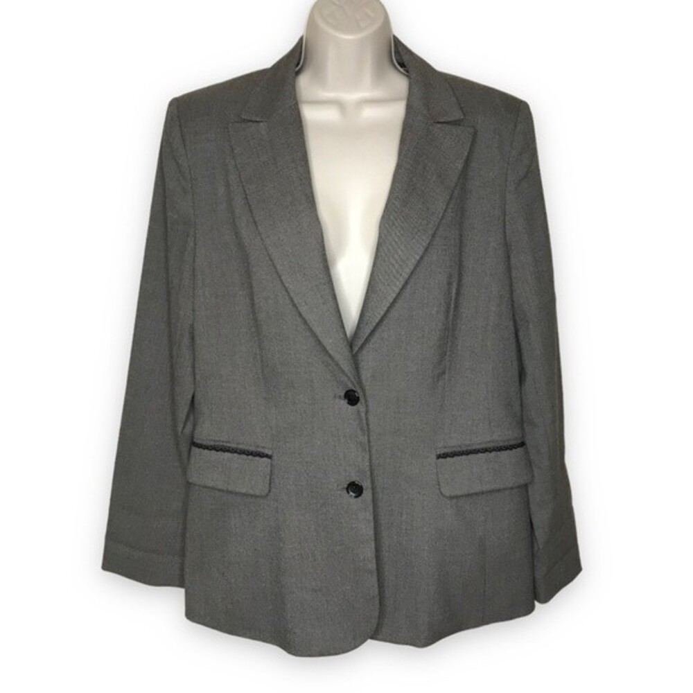Apostrophe Two Button Lace Detail Pockets Gray Black Blazer Jacket Women Size 14